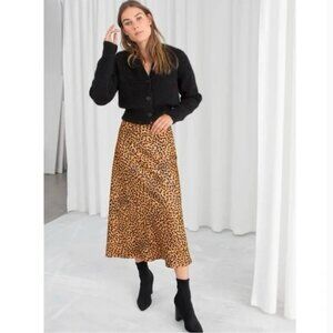 & Other Stories Satin Leopard-Print Midi Skirt, A-Line Bias Cut Size 4